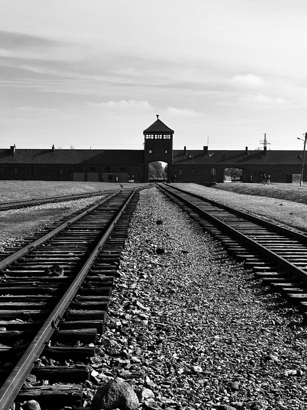 A black and white image of the railway track leading through the entrance to the Birkenau camp