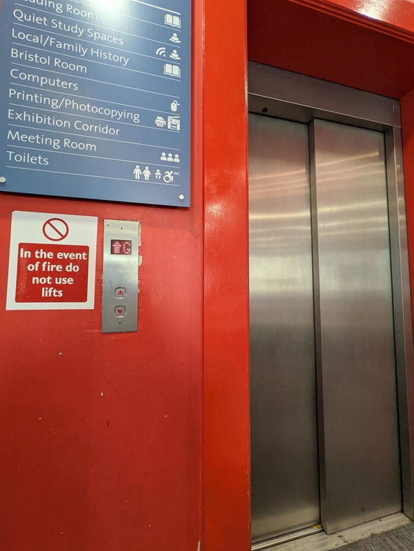 Image of lift access. The lift buttons do not have Braille Markings.