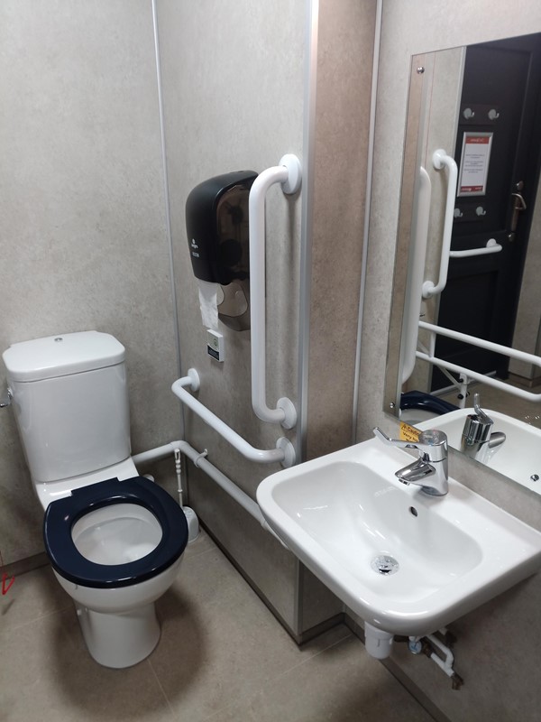 Accessible toilet with grab rails.