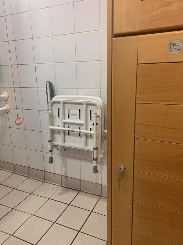 A pull down seat which is infront of the shower and is also in reach of the Red Cord