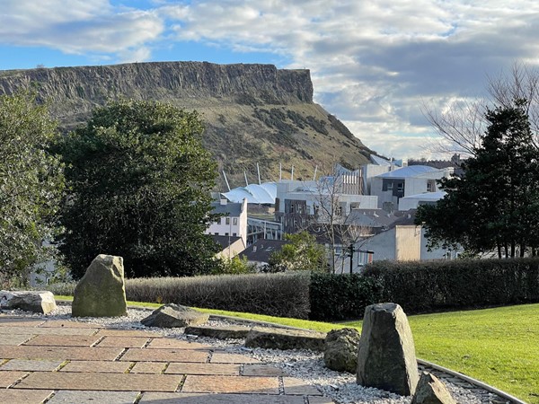 Regent Road Park and looking over the hillside toward the Scottish Parliament down in the valley