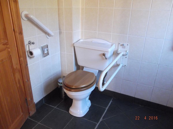 Photo of a toilet with grab rails.