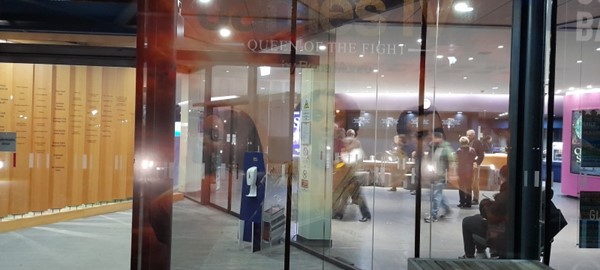 Theatre lobby through glass