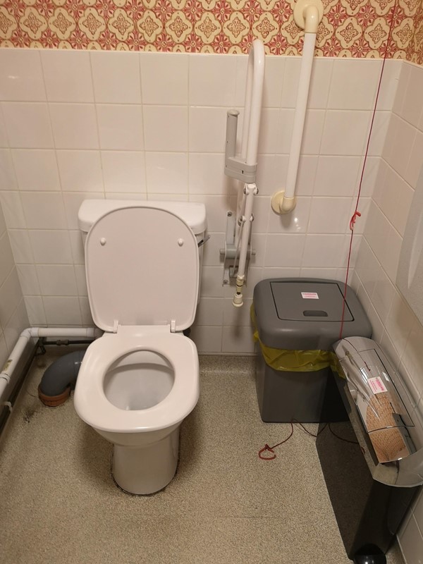 Image showing bins in the transfer area and the red emergency cord which is long enough to reach the ground.