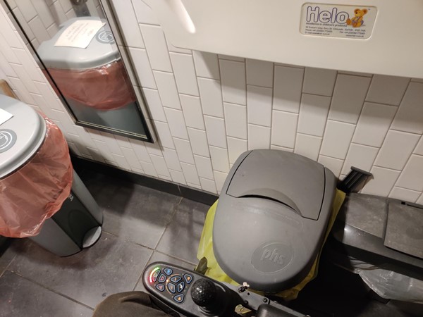 Multiple bins obstructing the toilet, impossible for a wheelchair user to turn and manoeuvre, impossible to park next to the toilet to transfer sideways.