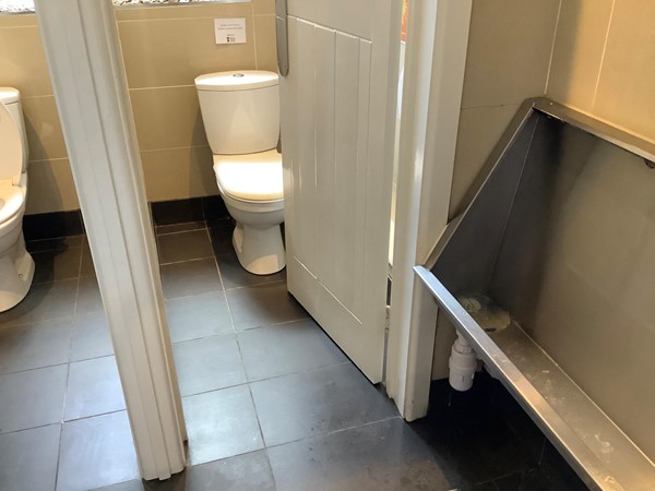 Picture of an open toilet cubical and a urinal
