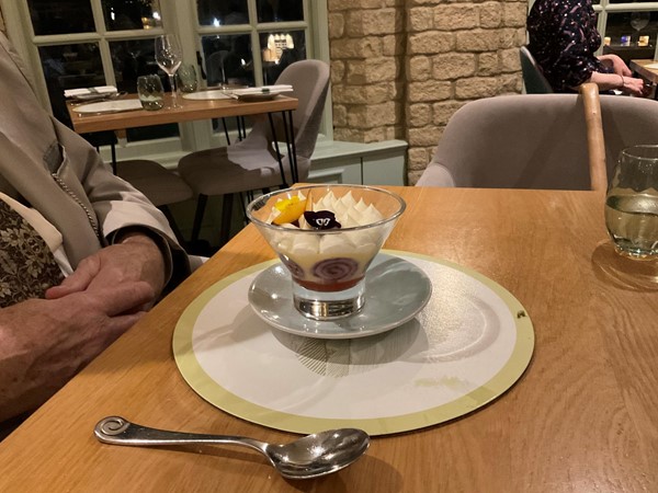Our desert arrived, well, for my husband, and a most enjoyable trifle, with fresh light cream, a lovely way to end our meal