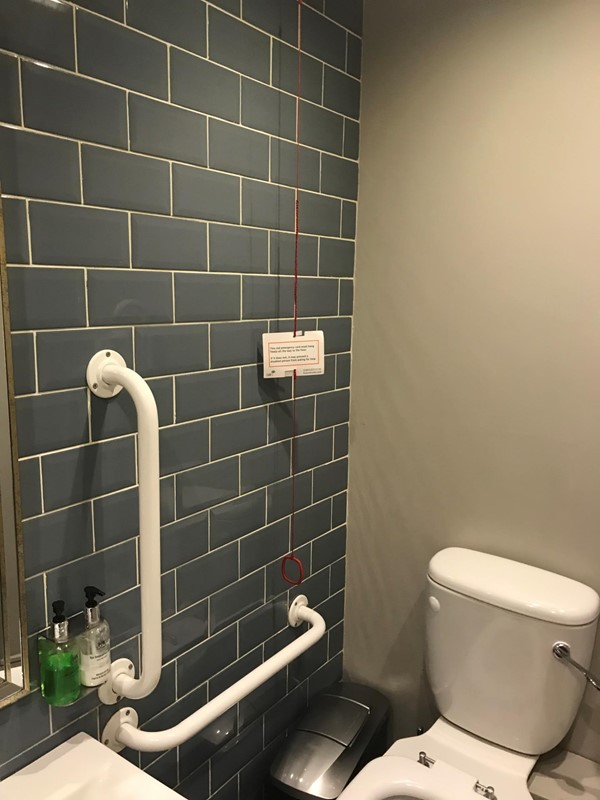 Emergency cord hangs well above floor level
