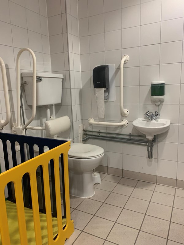 Toilet inside the accessible change/toilet room. There is a box for kids/toddlers next to the toilet which also has a number of hand rails around it. The sink is small and can be rolled under. The door that faces the entrance to the pool is infront of the toilet.