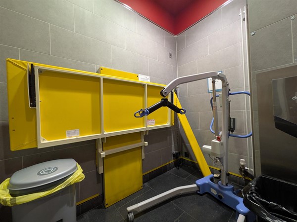 Image of height-adjustable bench in Changing Places Toilet with portable hoist