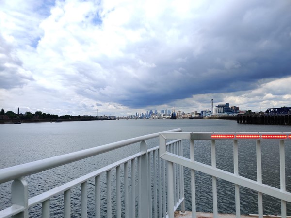 View from the ferry towards the Thames Barrier and Docklands