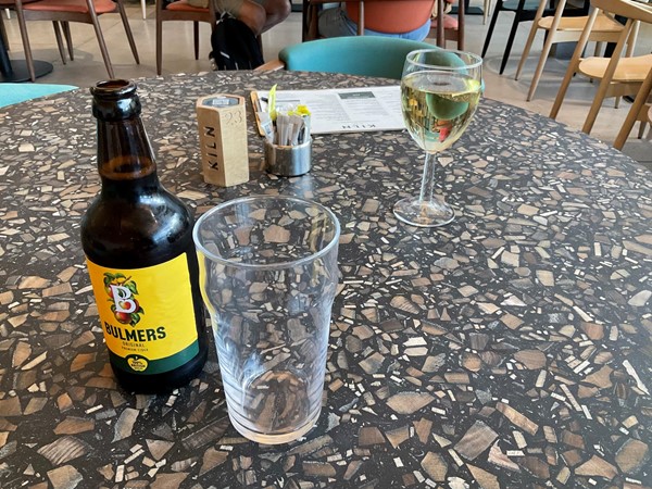 A  cool refreshing glass of Chardonnay and a small Bulmers cider as a farewell salute to our most enjoyable day at Cannon Hill Park.