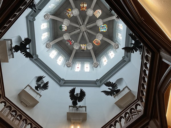 “The Oak room” is where you will enjoy a coffee break during the morning, and later on a afternoon tea, but first of all, look around the three lounges, and particularly Look up at the ceiling at the heart of the lounges,  a really lovely view above you.