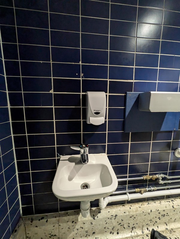 Image of a low small sink with lever tap