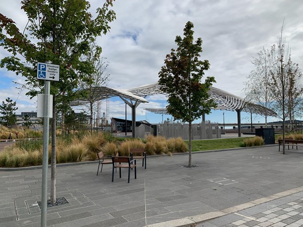 The view from the Blue Badge parking across Waterfront Place with the children' play area in the background