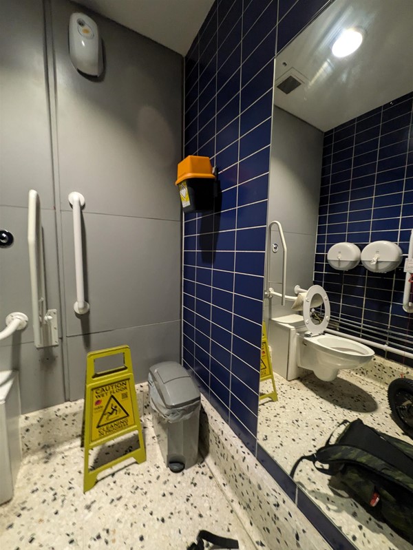 Image of a bin and wet floor in the accessible toilet, both are in the transfer space