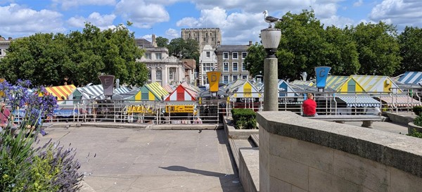 Image of the multi-coloured roofs of Norwich Market from above