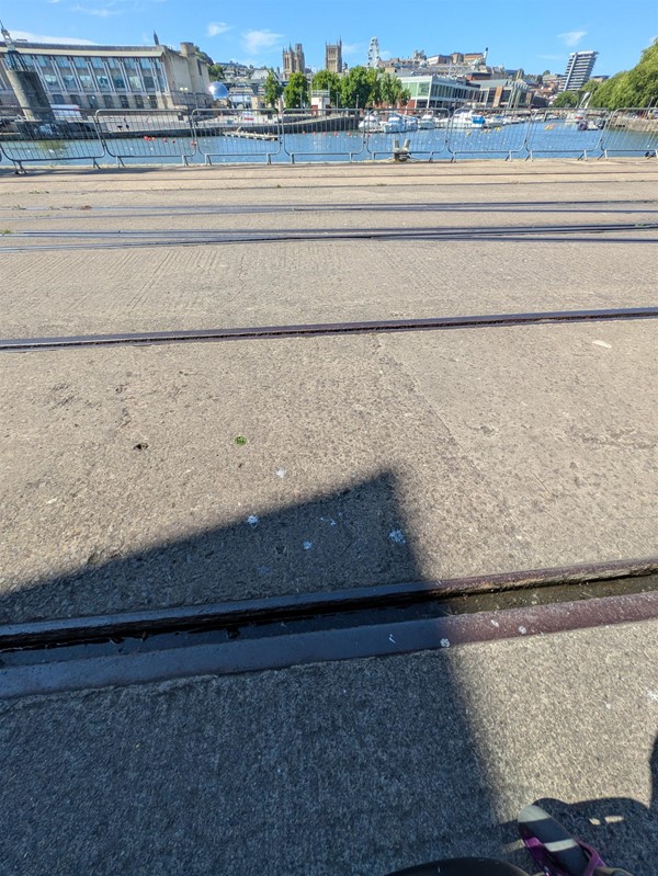 Image of rail tracks outside dock-side entrance/exit