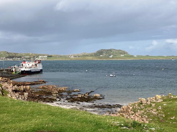 The Iona ferry setting off from Fionport. It has an accessible toilet,