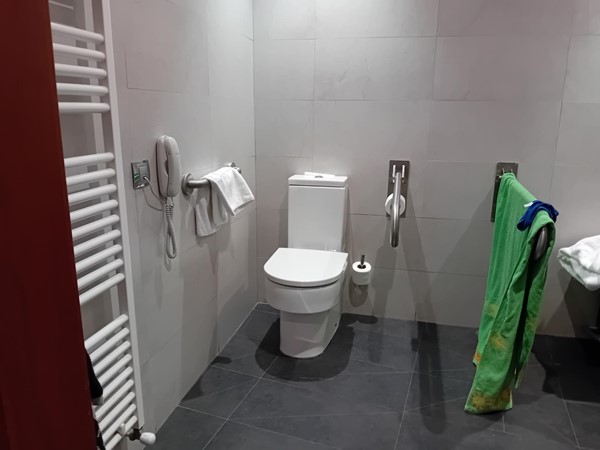Image of a bathroom with a toilet and towel rack