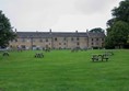 Very well spaced out picnic tables on a large lawn.