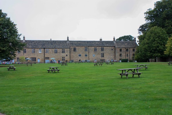 Very well spaced out picnic tables on a large lawn.