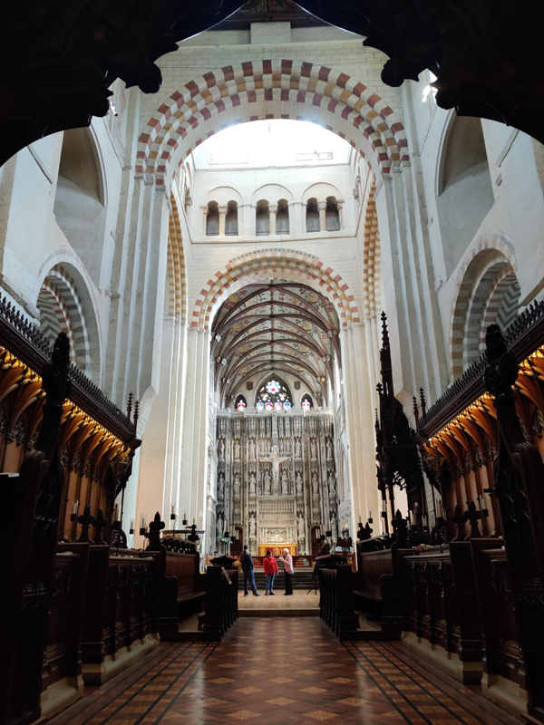 The quire, looking eastwards, with beautiful wooden panelling.