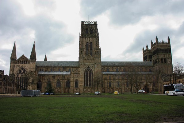 Front view of the cathedral, showing nice flat grassy area in front and parking close to the venue.