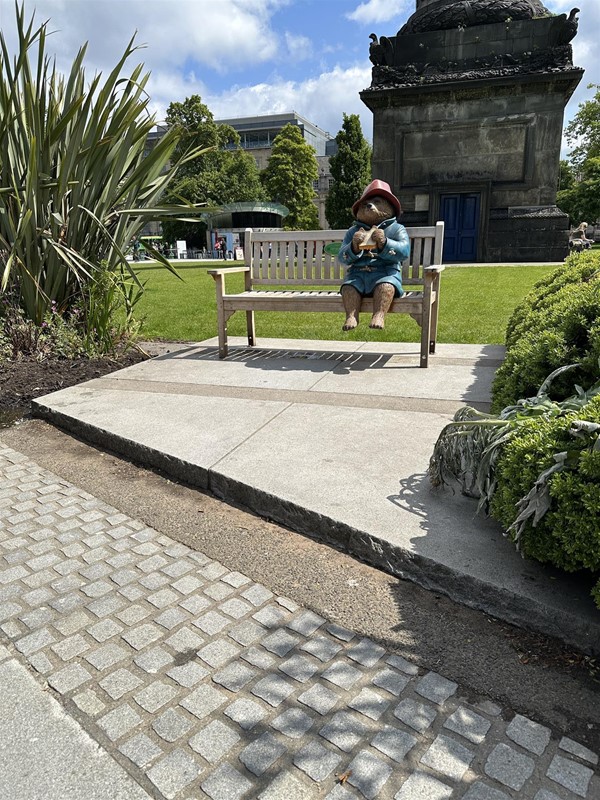 Image of bench with Paddington Bear statue