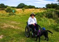 At the far end of the accessible path is a small beach area, though this is still grass. I'm in my mountain trike, holding onto my dog because there was blue-green algae in the dam, so not possible to let her paddle.