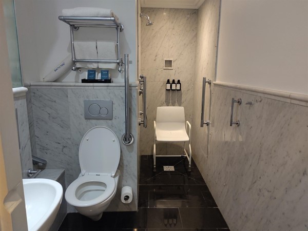 Bathroom from doorway, showing shower chair, toilet and half of the sink.