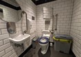 Image of an accessible toilet with a contrasting toilet seat and sink.
