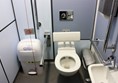 Accessible toilet with firm grab rails and clean sink and toilet.