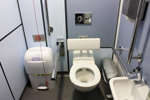 Accessible toilet with firm grab rails and clean sink and toilet.