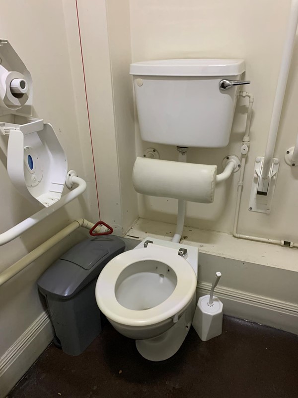 View of toilet from door showing handrails, toilet roll holder is open