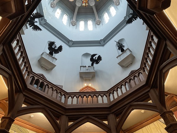 “The Oak room” is where you will enjoy a coffee break during the morning, and later on a afternoon tea, but first of all, look around the three lounges, and particularly Look up at the ceiling at the heart of the lounges,  a really lovely view above you.