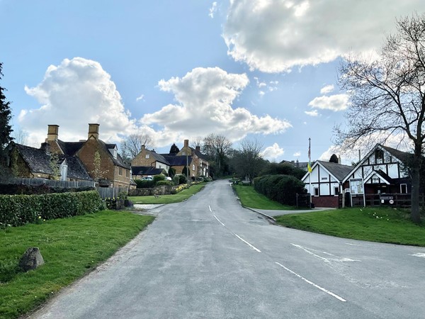 there is that air about it that lets you know this is a pleasant village to live in, everywhere is nicely looked after, spring bulbs in full colour, and as expected of the highest village in the area of Warwickshire at some 800 feet it has a gentle upward slope as leaving the village