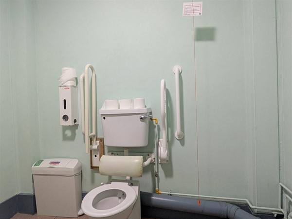 Image of accessible toilet with rails. There is an empty right-side transfer space