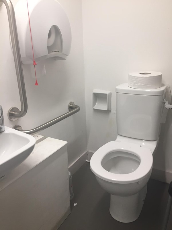 The disabled loo in the basement level. This photo doesn't show it but there was another drop down grab rail to the right of the toilet.