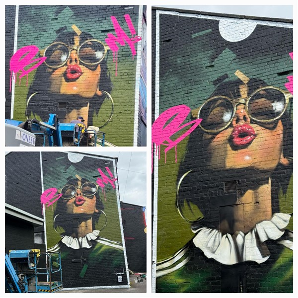 Photo of the artwork. It's a huge painting on a brick wall of a girl's face. She is slightly putting her head back and pouting, she has dark round sunglasses on (there is a pink capital B and M, her glasses make it the word BOOM. and is wearing big silver hooped earrings, a grey Adidas top and a white frilly collar showing at the neck. The background is green. It's a big regtangulst longways wall artwork