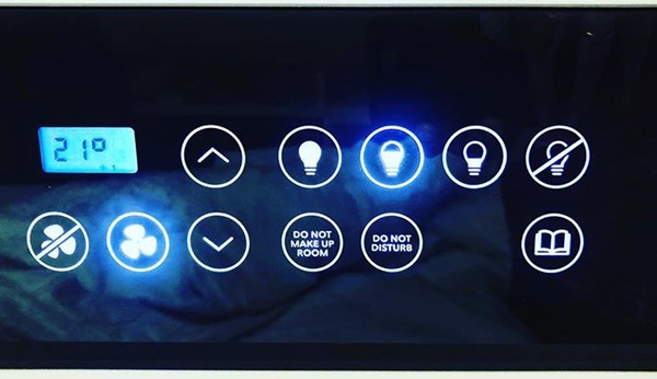 This is the touch screen controls on the bed, you can dim and turn off lights, adjust the temperature of the room and change the message on the screen at the door