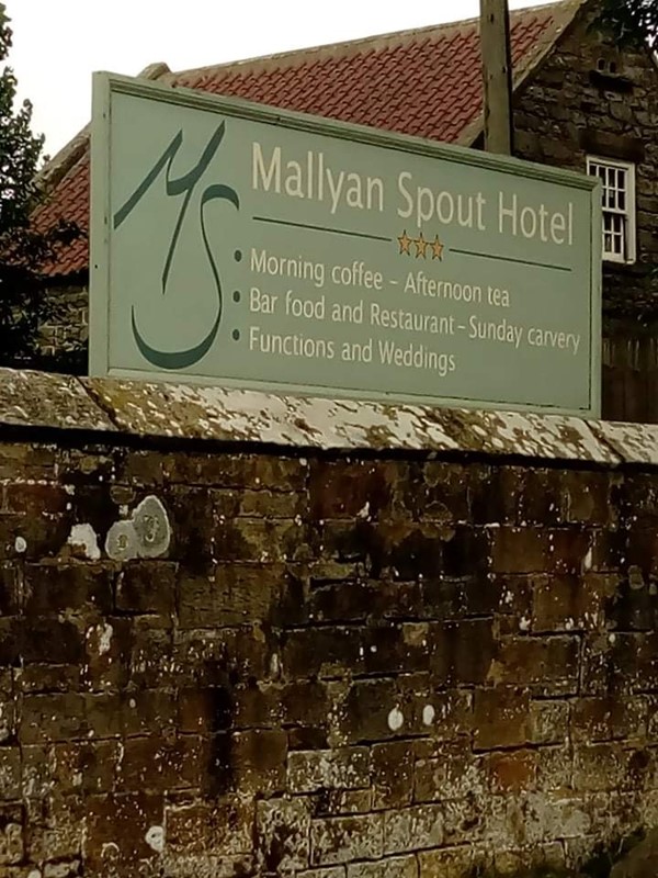 Picture of a wooden sign for The Mallyan Spout Hotel