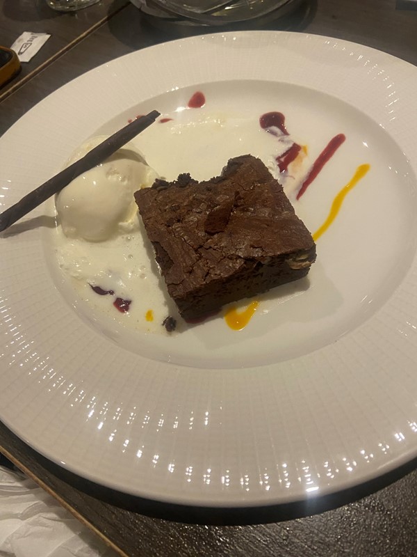 Warm chocolate brownie with ice cream to die for!