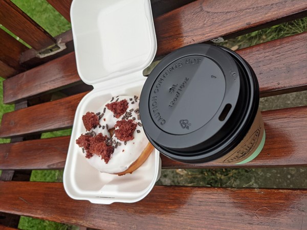 Red velvet donut and a coffee from Kilted Donut