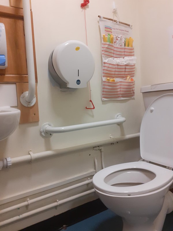 Red cord tied up by toilet