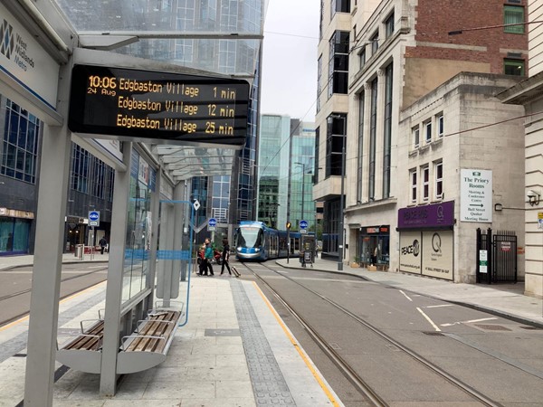 Catch the Metro tram, heading towards Edgbaston Village