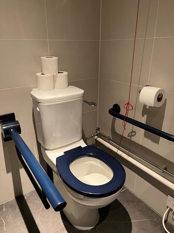 Grab rails on both sides of the toilet and floor reaching emergency pull cord in place. There is also a bagged bin for any soiled items. Plenty of loo roll but some people might struggle to reach it. The toilet was very clean and fresh in appearance.