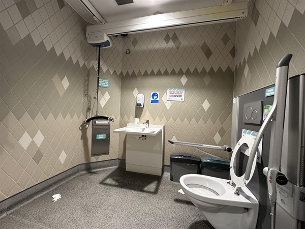 Image of large accessible toilet with a ceiling hoist