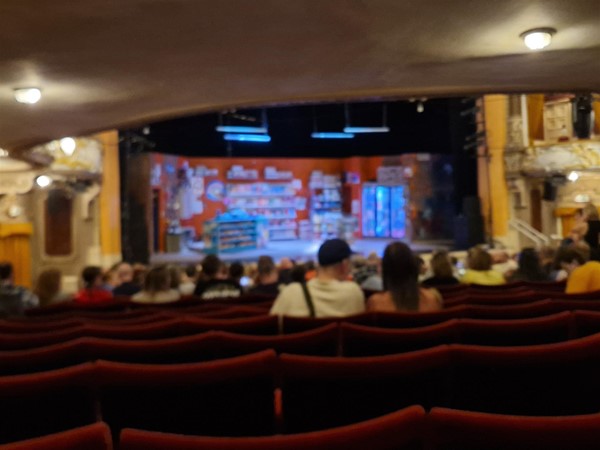 View from the wheelchair-accessible seating at the back of the Pavilion Theatre. The stage is visible in the distance with a mostly clear line of sight.
