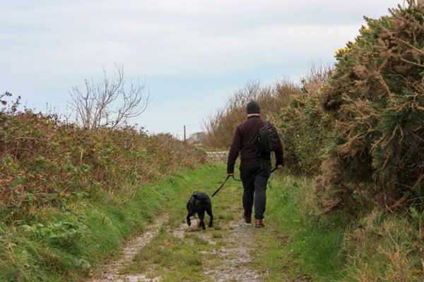 Hubby and dog walking down a muddy cliff path.